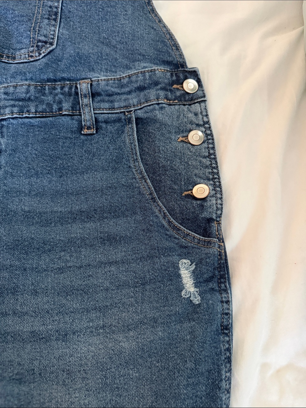 Celebrity Pink Distressed Blue Denim Overalls with Ripped Knees - Picture 2 of 6
